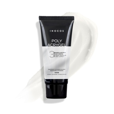 Tubo preto e branco de creme para unhas Poly Acrygel INOCOS branco leitoso