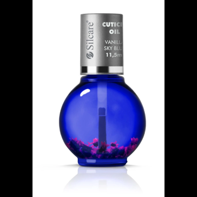 Frasco azul de óleo para cutículas com tampa prateada e pétalas dentro