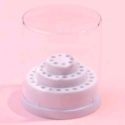 Suporte branco em plástico com níveis circulares e tampa transparente