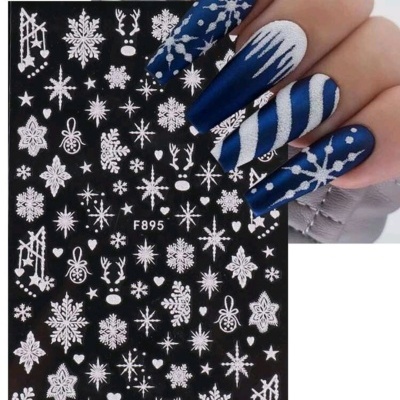 Autocolantes de unhas com padrões de inverno e unhas decoradas de azul e branco