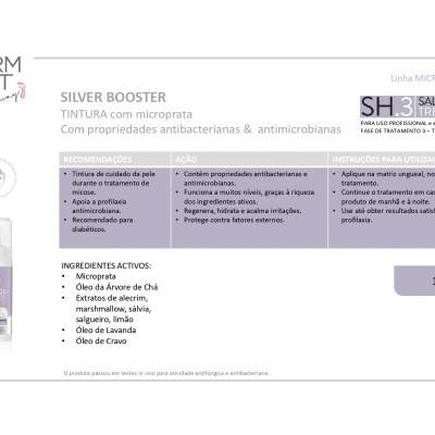 Frasco de Silver Booster com texto explicativo em português em fundo branco