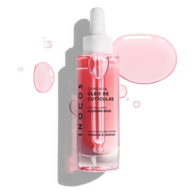 Frasco de óleo de cutículas rosa com conta-gotas branco e texto preto