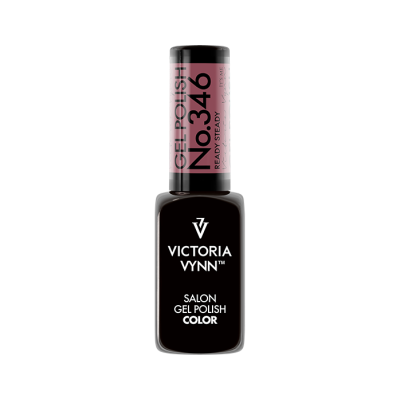 Frasco de verniz de gel preto da Victoria Vynn com tampa rosa e texto