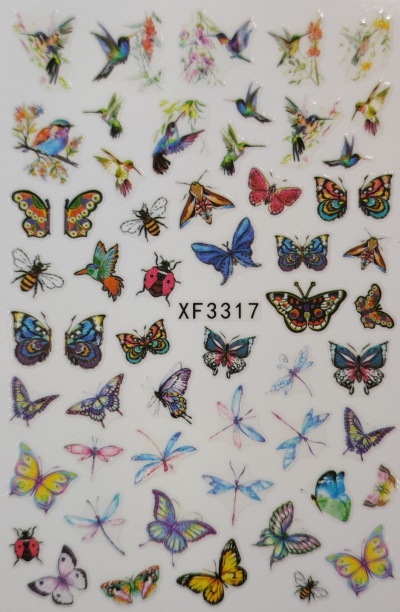 Folha de autocolantes coloridos de insetos e aves