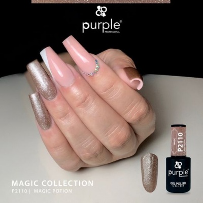 Unhas postiças com verniz gel rosa claro e castanho metálico da Purple Professional Magic Collection, código P2110.