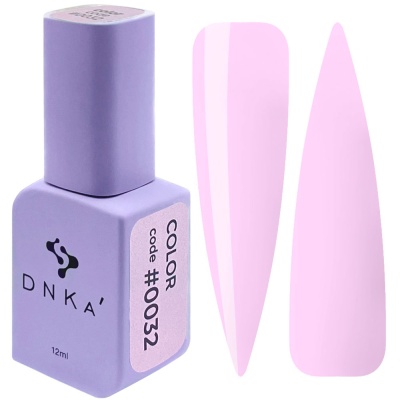 Frasco lilás fosco de verniz de unhas DNKA com código #0032 e amostras de cor rosa claro
