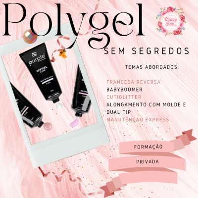 Formação em Polygel com tubos de produto e temas abordados listados