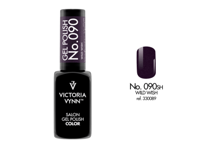 Frasco de verniz gel para unhas Victoria Vynn com rótulo preto e amostra da cor roxa escura