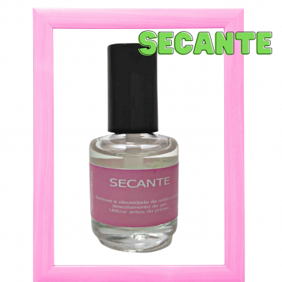 Frasco de verniz transparente com rótulo rosa e tampa preta