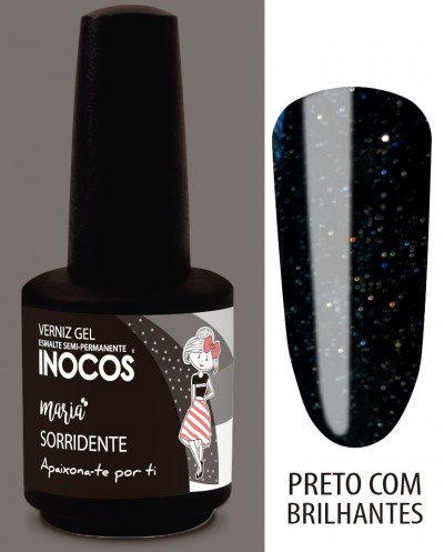 Frasco de verniz gel preto com rótulo e amostra da cor com brilhos