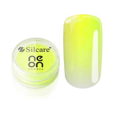 Pó de unhas amarelo neon da Silcare com amostra de unha decorada