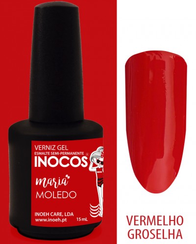 Verniz gel INOCOS vermelho groselha em frasco preto com rótulo vermelho e amostra de cor ao lado