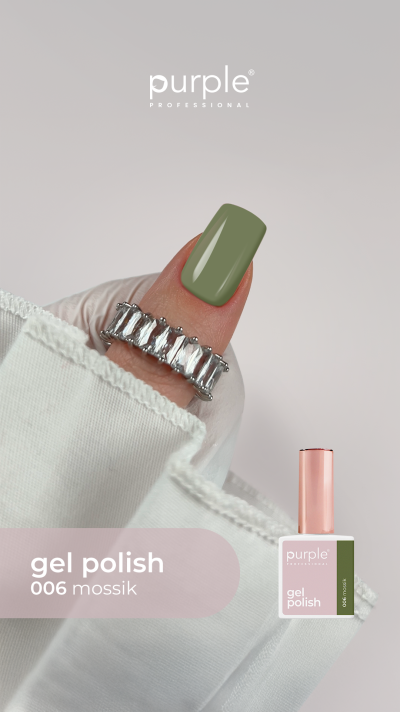 Unha com verniz gel verde musgo e embalagem do produto purple professional gel polish 006 mossik