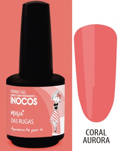 Frasco de verniz gel Inocos Coral Aurora com embalagem cor-de-rosa e desenho de rapariga