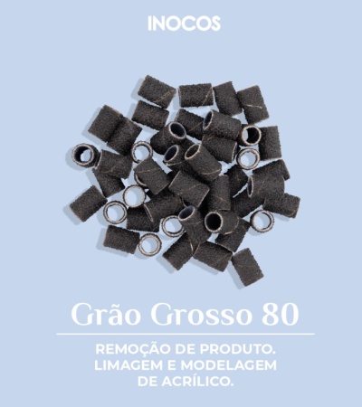 Cilindros abrasivos pretos para unhas em fundo azul claro com texto
