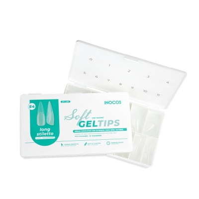 Caixa plástica com pontas para unhas em gel longas stiletto da marca INOCOS