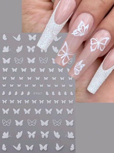 Autocolantes para unhas de borboletas brancas com acabamento glitter e unhas compridas