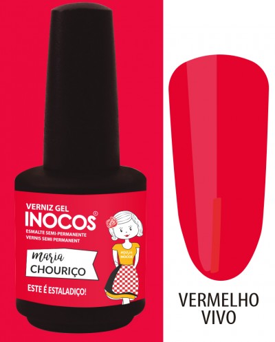 Verniz gel vermelho vivo da marca Inocos com rótulo e amostra de cor.
