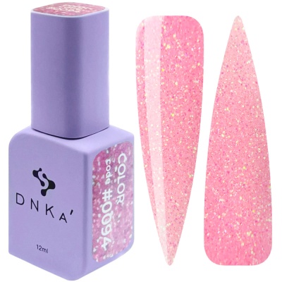 Frasco de verniz para unhas lilás DNKA e amostras de verniz rosa glitter