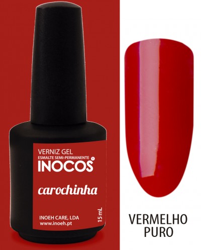 Frasco de verniz gel vermelho INOCOS com amostra da cor vermelha pura