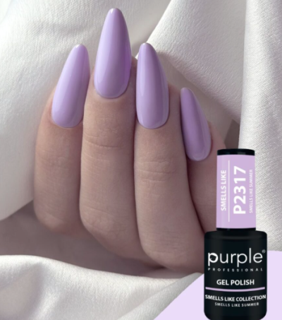 Unha com verniz gel lilás fosco e frasco de verniz da marca Purple Professional, código P2317.