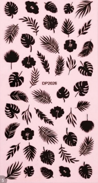 Folhas e flores pretas em fundo rosa com código DP2026