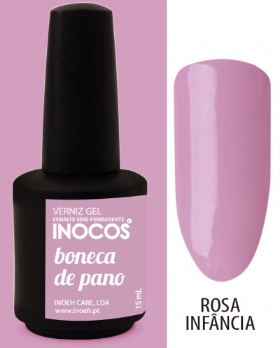 Frasco de verniz gel rosa INOCOS com amostra da cor ao lado