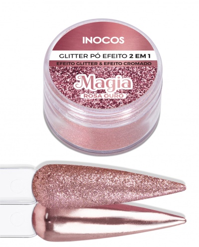 Pote de glitter rosa ouro da INOCOS com amostras de efeito glitter e cromado.