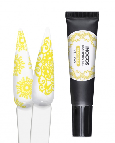 Gel para carimbo de unhas INOCOS Stamping Gel Yellow com desenhos amarelos em unhas brancas