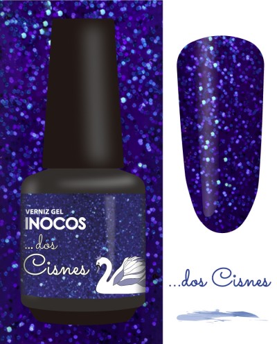 Frasco de verniz gel azul cintilante Inocos dos Cisnes com amostra em unha