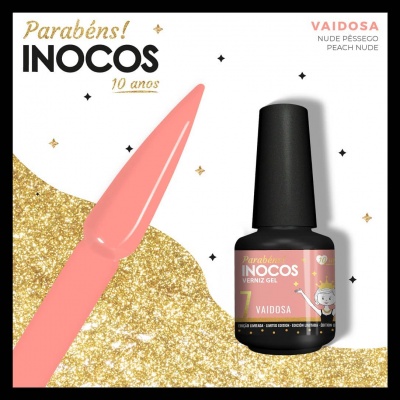 Verniz gel Inocos cor VAIDOSA nude pêssego com frasco preto e e amostra da cor em plástico