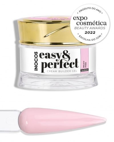 Gel construtor de unhas Inocos easy & perfect cor Milky Pink com tampa dourada e rótulo branco e rosa