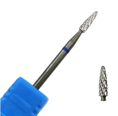 Instrumento rotativo metálico com haste azul e ponta de corte cruzado