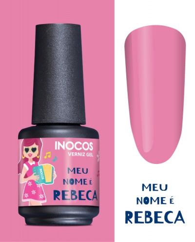 Frasco de verniz gel INOCOS cor rosa com texto e ilustração de mulher.
