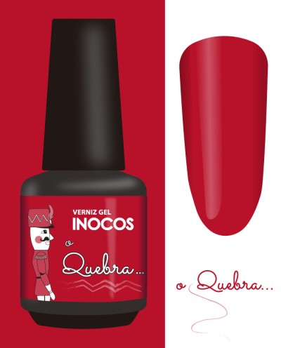 Frasco de verniz gel vermelho INOCOS com desenho de soldadinho e texto 'o Quebra...'