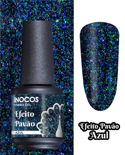 Verniz gel Inocos efeito pavão azul com padrão de penas coloridas