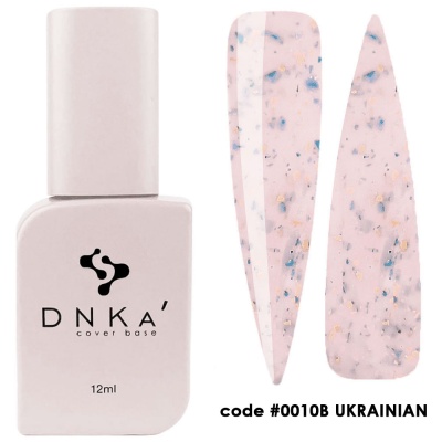 Verniz unhas DNKA cor rosa com partículas multicoloridas e amostras de unhas artificiais