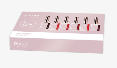 Caixa rosa claro com kit de verniz gel para unhas Purple Professional com 6 frascos em várias cores
