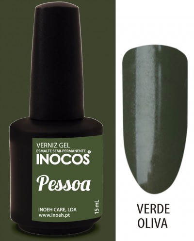 Frasco de verniz gel INOCOS cor verde oliva com rótulo e amostra da cor em formato de unha.