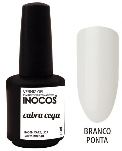 Verniz gel semi-permanente INOCOS cabra cega em frasco preto com amostra de cor branca