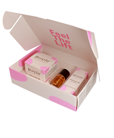 Caixa de cosméticos rosa e branca com produto e texto interior