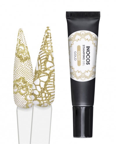 Tubo preto de gel dourado INOCOS e amostras de unhas com padrão dourado