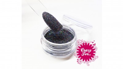 Pote de glitter preto multicolorido com espátula e logótipo Crazy Fern