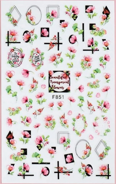 Autocolantes decorativos transparentes com flores rosas e molduras geométricas