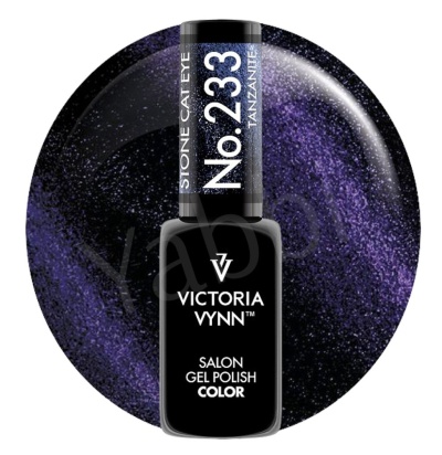 Esmalte de gel Victoria Vynn No. 233 Tanzanite com fundo circular brilhante preto e roxo