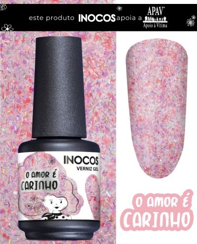 Verniz gel INOCOS cor rosa com partículas coloridas e embalagem decorada