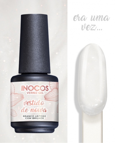 Frasco de verniz gel branco leitoso com brilhos Inocos com amostra da cor