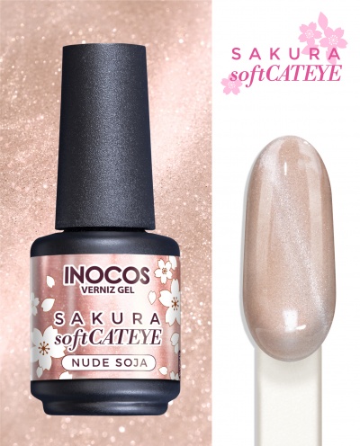 Frasco de verniz gel INOCOS Sakura Soft Cateye Nude Soja com amostra da cor perolada