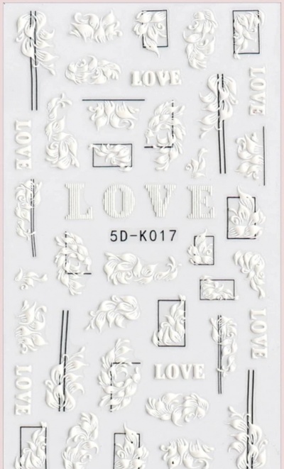 Adesivos 3D para unhas com padrões florais e texto LOVE em relevo branco