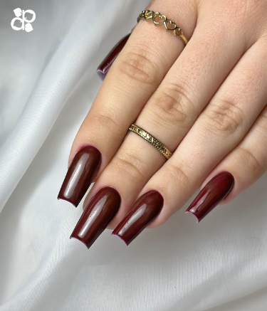 Unhas com verniz vinho escuro brilhante e dois anéis dourados em mãos femininas sobre fundo branco